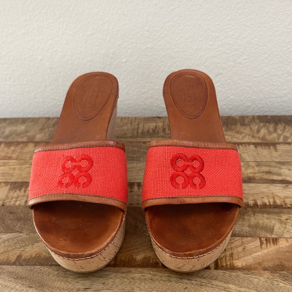 Coach Jaci Sandal Embroidered Logo Red Canvas Cork Wedge Platform Mules Shoes